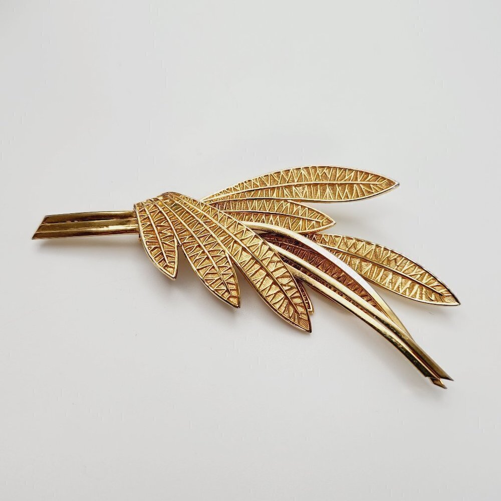 Vintage Corocraft Leaves Branch Floral Lattice Modernist Gold Plated Brooch
